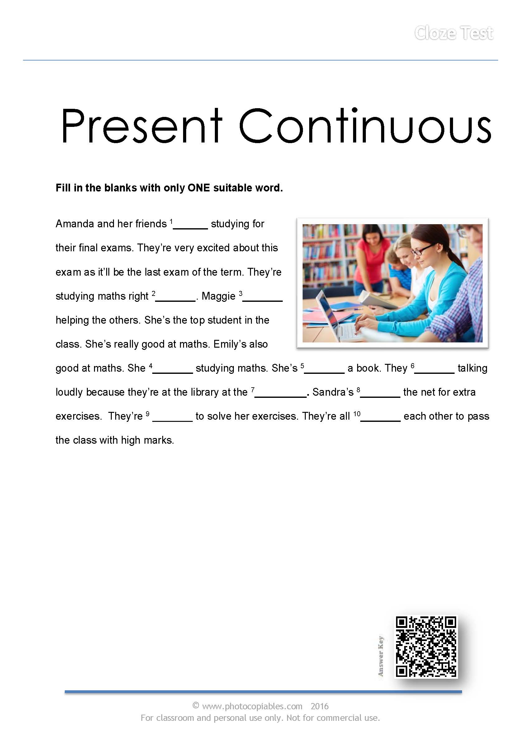 Present continuous cloze test photocopiables